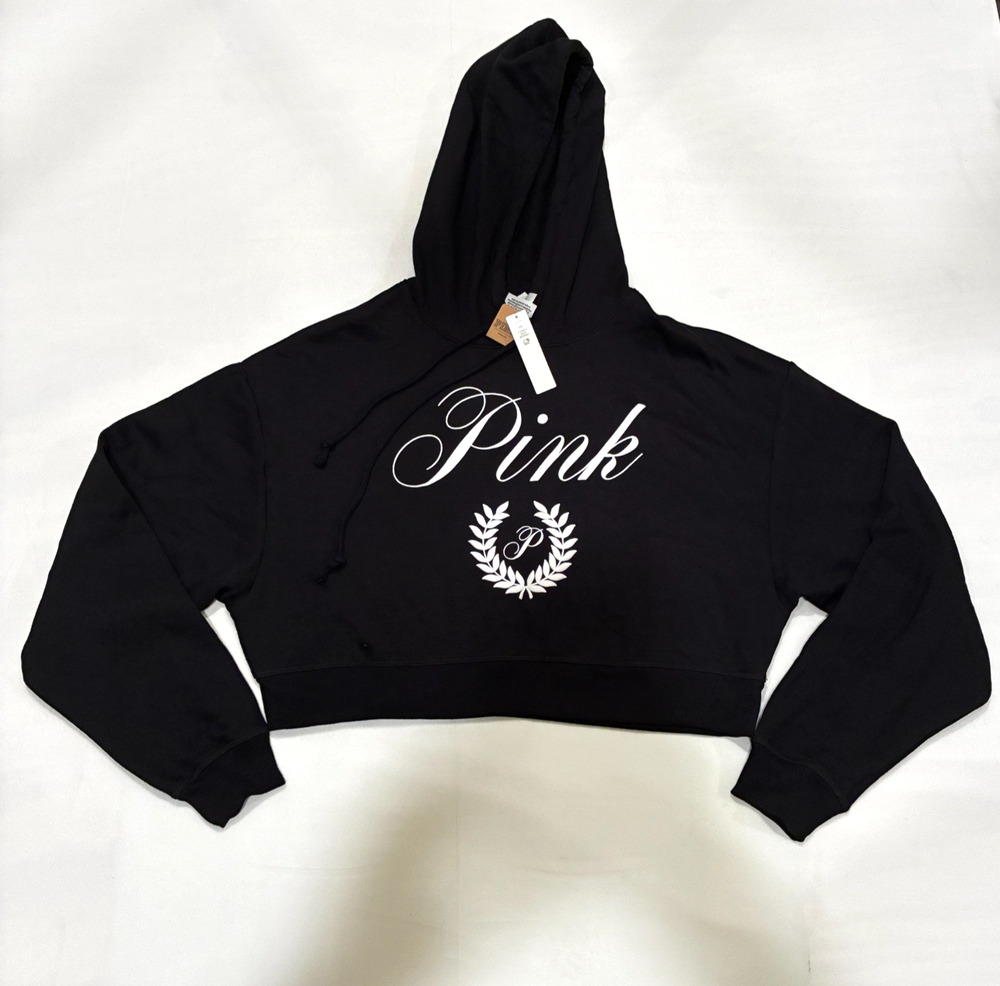 PINK Victoria's Secret Women's Cropped Hoodie Size XS Black w/Logo